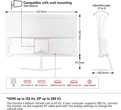 27 Inch PC Computer Screen,1800R Curved Gaming 280Hz Monitors, FHD 1080P 1Ms, Freesync, 98% Srgb,178 ° Angle View Hdmi2.0、Displayport, Compatible with Wall-Mounted 100 * 100Mm-White