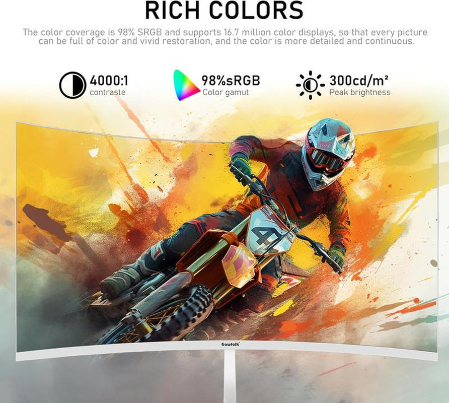 27 Inch PC Computer Screen,1800R Curved Gaming 280Hz Monitors, FHD 1080P 1Ms, Freesync, 98% Srgb,178 ° Angle View Hdmi2.0、Displayport, Compatible with Wall-Mounted 100 * 100Mm-White